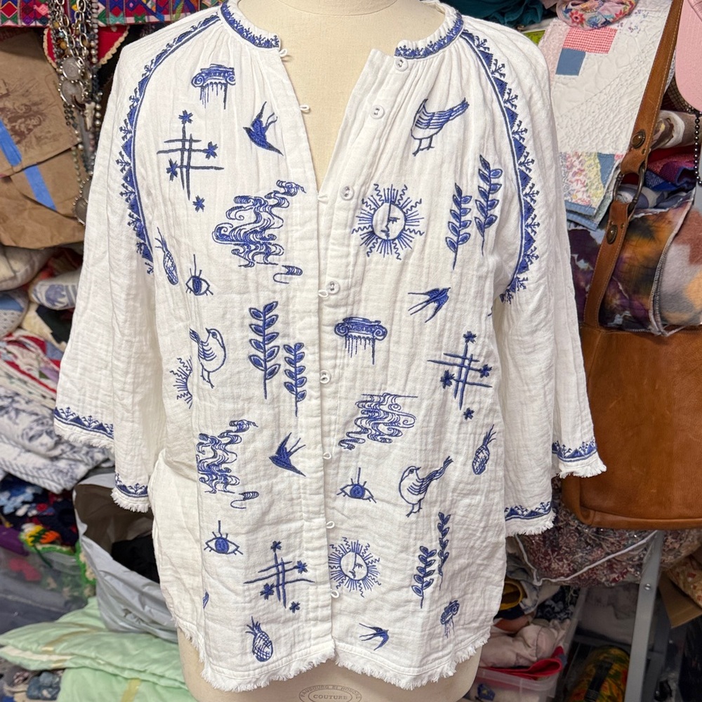 Johnny Was Biya Megara White Blouse with Blue Embroidery
